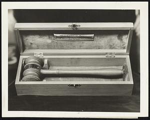 A New Gavel 112 Years Old. This gavel, made from New England white pine taken from the roof of the White House in Washington after 112 years service, will be presented to the New England Council at its Manchester, Vt., meeting next Saturday. It is the gift of the National Lumber Manufacturers’ Association, and will be enclosed in a box, also of New England white pine, given by the New England division of the National Association of Wooden Box Manufacturers. The gavel is made from a beam placed in the White House rood after it was burned in 1814 by victorious British soldiers.