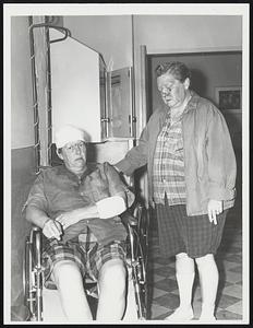 Two victims of Salisbury Beach windstorm, Merline Shuman, 50, left, of Auburn, N. H., who suffered head gash requiring 22 stitches, and Gladys Vincent, 43, also of Auburn, receive aid at Anna Jaques Hospital, Newburyport. They were injured when their trailer was flipped four times by the wind