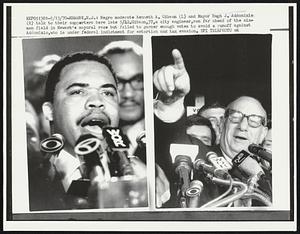 Newark, N.J.: Negro moderate Kenneth A. Gibson (L) and Mayor Hugh J. Addonizio (R) talk to their supporters here late 5/12. Gibson,37, a city engineer, ran far ahead of the six-man field in Newark's mayoral race but failed to garner enough votes to avoid a runoff against Addonizio, who is under federal indictment for extortion and tax evasion.