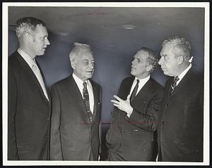 Mayor Kevin H. White, second from right, makes his point during his so-called "Harmony Luncheon' at the Sheraton Boston Hotel. Listening are, from left, School Committeemen Paul Tierney and Joseph Lee and School Supt. William Ohrenberger.