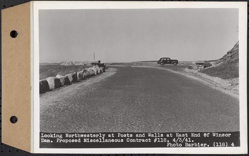 Contract No. 118, Miscellaneous Construction at Winsor Dam and Quabbin Dike, Belchertown, Ware, looking northwesterly at posts and walls at east end of Winsor Dam, Ware, Mass., Apr. 3, 1941