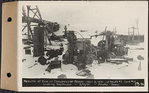 Contract No. 17, West Portion, Wachusett-Coldbrook Tunnel, Rutland, Oakham, Barre, results of fire in compressor room, Mar. 3, 1931, at Shaft 7, looking southwest, Rutland, Mass., Mar. 11, 1931