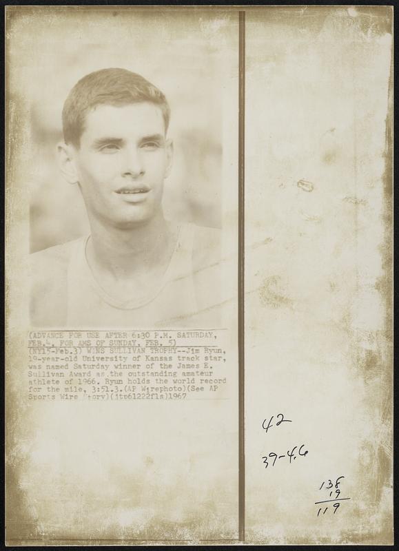 Wins Sullivan Trophy--Jim Ryun, 19-year-old University of Kansas track star, was named Saturday winner of the James E. Sullivan Award as the outstanding amateur athlete of 1966. Ryun holds the world record for the mile, 3:51.3