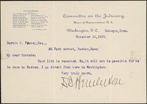 Letter from D. B. Henderson, Dubuque, Iowa, to Darwin C. Pavey, Boston, Mass., 1899 November 14