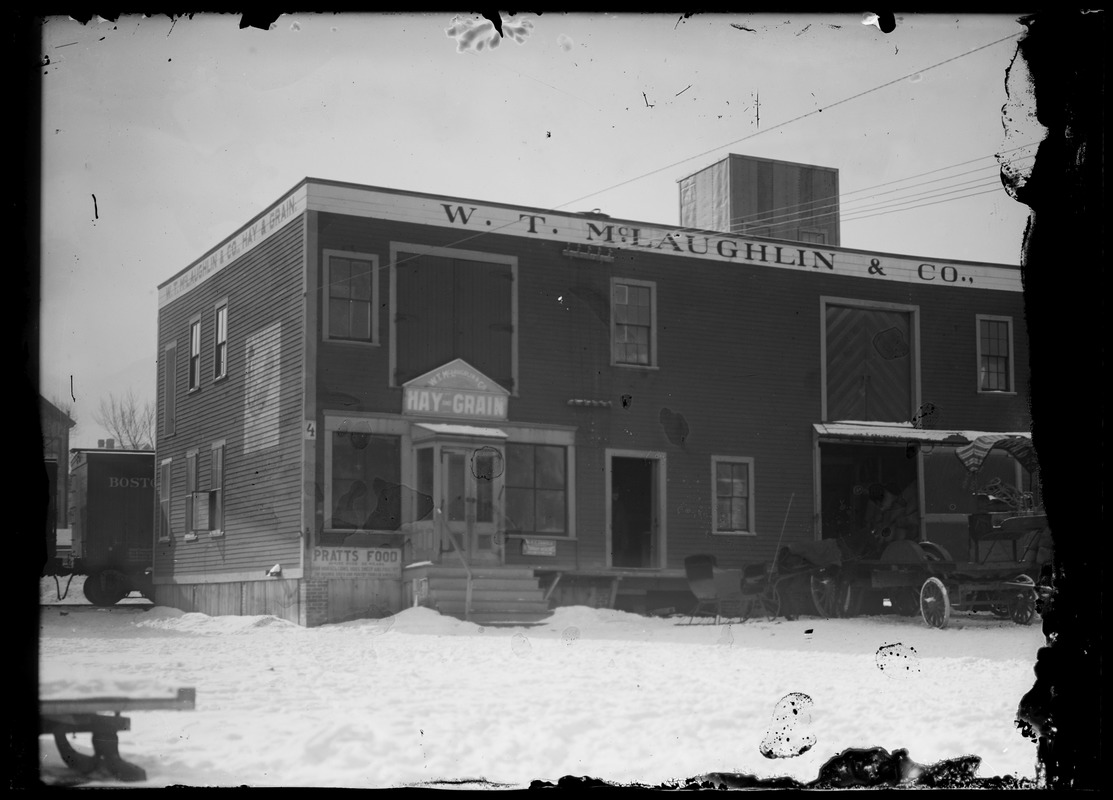 W.T. McLaughlin & Co., wholesale and retail dealers in flour, hay, grain, and mill feed. Office and storehouse 3357 Washington St., cor. Green, Jamaica Plain