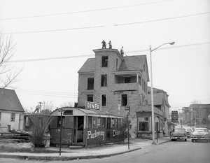 Pond Street Diner and workers demolishing 10 Main St. house, 1954