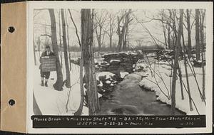 Moose Brook, 1/2 mile below Shaft #10, drainage area = 7 square miles, flow = 39 cubic feet per second = 5.6 cubic feet per second per square mile, Hardwick, Mass., 12:55 PM, Mar. 22, 1933