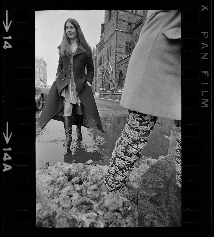 Maxi coat and winter slush in Copley Square, Boston