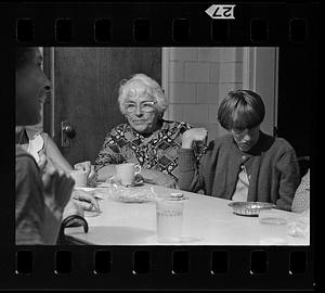 Retired volunteer "foster grandmother" works with retarded child at the Ladd School, Exeter, Rhode Island