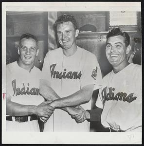 Heroes of 19-Inning Marathon victory of Cleveland over the St. Louis Browns last night. Relief Pitcher Louis Brissie of the Indians (center) is flanked by Al Rosen (left) who drove in the tying run, and Hank Majeski whose pinch-hit scored the winning marker.