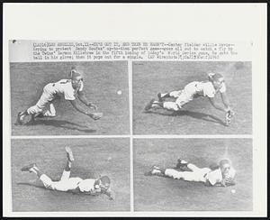 Los Angeles – He’s Got It, And Then He Hasn’t – Center fielder Willie Davis – trying to protect Sandy Koufax’ up-to-then perfect game – goes all out to catch a fly by the Twins’ Harmon Killebrew in te fith inning of today’s World Series game. He gets the ball in his glove; then it pops out for a single.