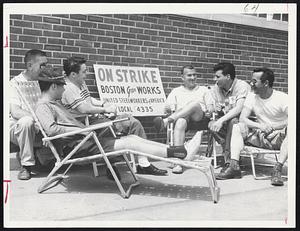 Picketing? It's Nice Work! "...And the livin' is easy" for these cool, comfortable pickets at the Boston Gear Works plant in North Quincy today. They are among the 800 production workers who went on strike Monday.