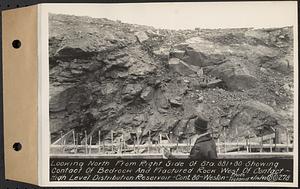 Contract No. 80, High Level Distribution Reservoir, Weston, looking north from right side of Sta. 881+80 showing contact of bedrock and fractured rock west of contact, high level distribution reservoir, Weston, Mass., Apr. 16, 1940