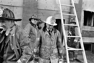 Left to right, L1 Capt. Jim Hanlon, E3 Lt. Jerry Buckley, E2 Lt. George Ostler, Deputy Chief Bill Coyne, and E3 firefighter Steve Denning