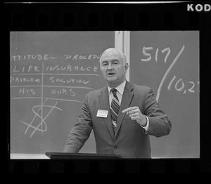 Ken "Bunny" MacWhitney of NE Life Ins. teaches aggressive sales methods, Copley Square, Back Bay