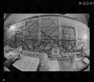 Old-fashioned PBX switchboard at NE Life Insurance Co., Copley Square, Back Bay