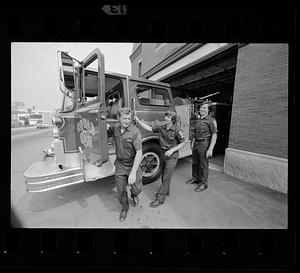 Firemen and rig at fire station, Brockton