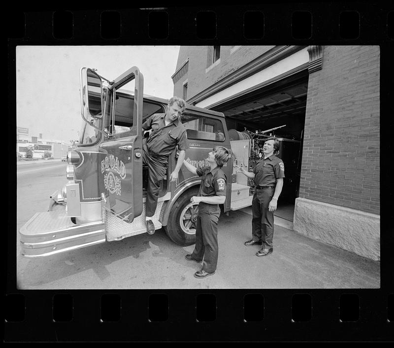 Firemen and rig at fire station, Brockton