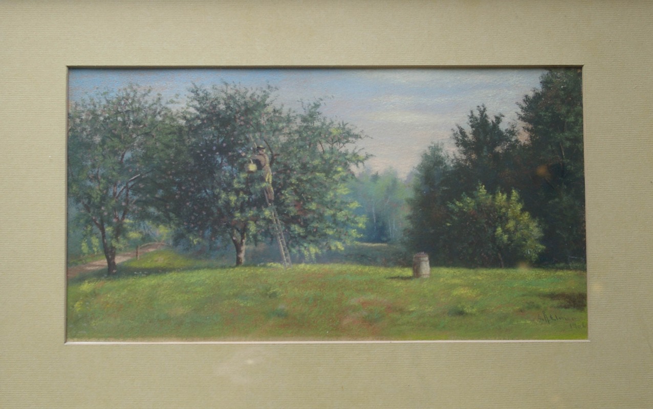 Edwin Romanzo Elmer chalk painting of apple orchard, Buckland, Mass.