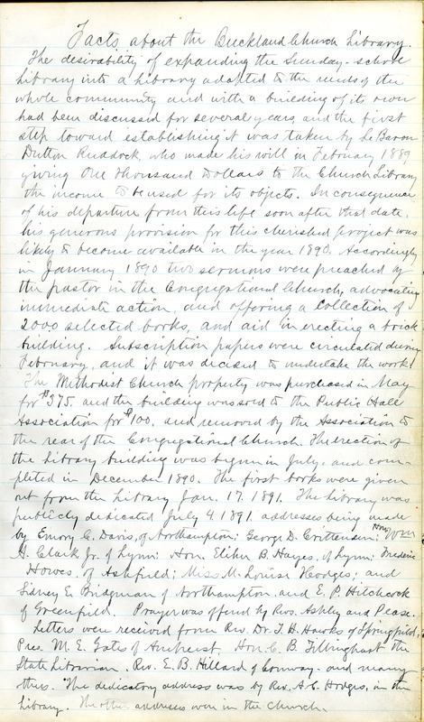 Facts about the, Buckland Church Library, 1891 journal, Buckland, Mass.