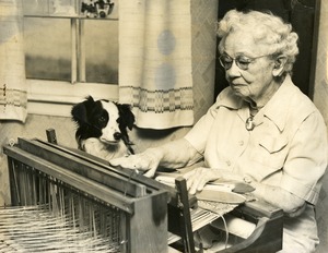Hattie Bertha (Sanderson) Wilder at her loom, Buckland, Mass., 1957
