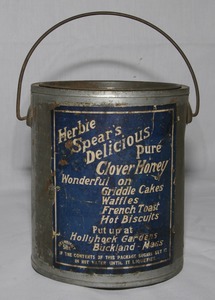 Herbie Spear's Pure Clover Honey tin container, Buckland, Mass., circa 1930
