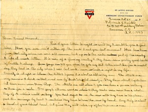 Letter from WWI soldier Mark L. Purinton, Buckland, Mass., 1918
