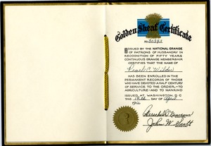 National Grange Golden Sheaf Certificate, Pearl C. Wilder, Buckland, Mass., 1966