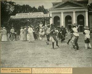 Pageant Exhibition Panel 22 - Young boys playing in front of the arch of welcome for Lafayette