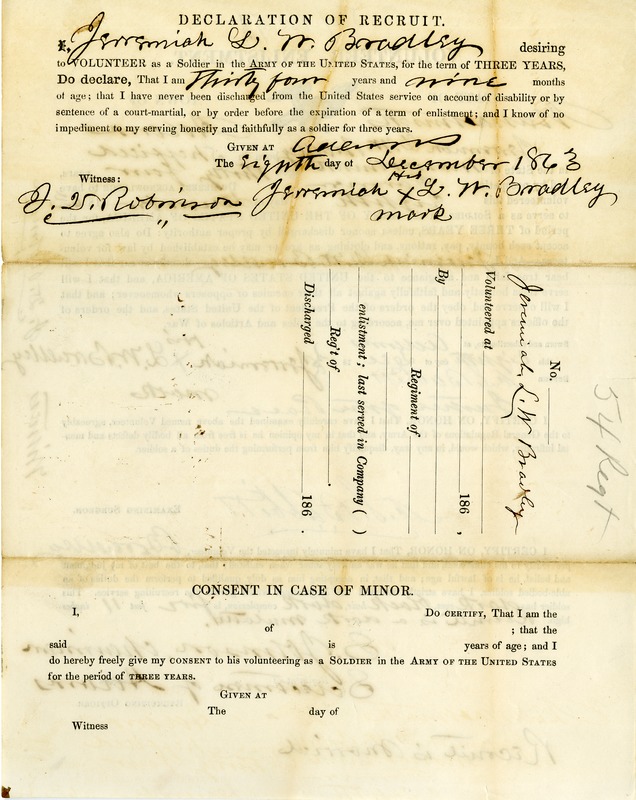 Civil War enlistment papers for Jeremiah L. W. Bradley, 54th Massachusetts Infantry Regiment