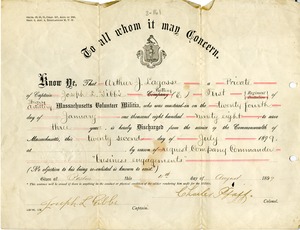 Discharge papers for Arthur J. Largesse, 1899
