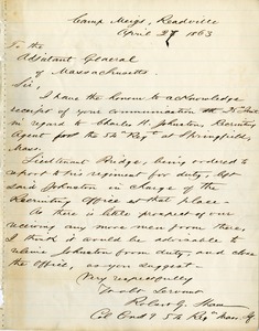 Letter from Colonel Robert Gould Shaw, April 27, 1863