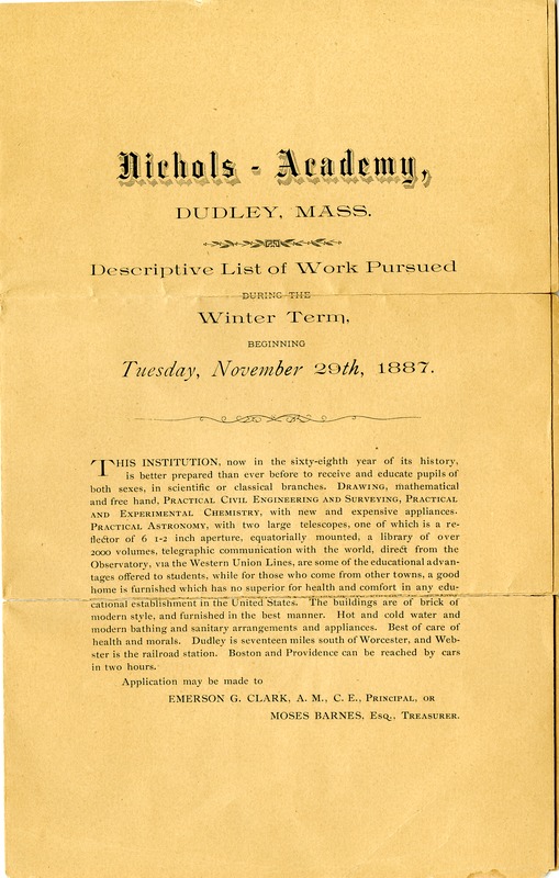 Nichols Academy: Descriptive List of Work Pursued during the Winter Term, 1887