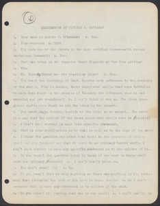 Sacco-Vanzetti Case Records, 1920-1928. Commonwealth v. Vanzetti (Bridgewater Trial). Examination of Jurors in regard to shells opened by Foreman Burgess in the Bridgewater Trial: Andrew J. O'Connor, 1920. Box 2, Folder 13, Harvard Law School Library, Historical & Special Collections
