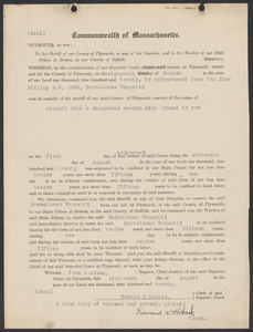 Sacco-Vanzetti Case Records, 1920-1928. Commonwealth v. Vanzetti (Bridgewater Trial). State Prison Warrant for Vanzetti, August 16, 1920. Box 2, Folder 21, Harvard Law School Library, Historical & Special Collections
