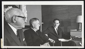 New Brandeis University president, Morris B. Abram, 59, (right) meets with Dr. Abram L. Sachar (left) and Lawrence A. Wien, chairman of the Brandeis Board of Trustees. Abram takes office in September.