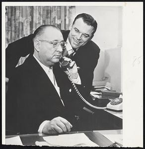 Top, right, new Philadelphia pilot Dick Sisler breaks out with a wide grin as general manager Bill DeWitt talks with former manager Fred Hutchinson, who resigned because of poor health. Left, Harry