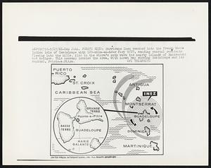 San Juan, Puerto Rico: Hurricane Inez smashed into the French West Indian isle of Guadeloupe with 120-mile-an-hour fury 9/27, sending coastal residents fleeing into the hills. Also in the storm’s path were the nearby islands of Montserrat and Antigua. This newsmap locates the area, with inset map showing Guadeloupe and its capital, Pointe-a-Pitre.