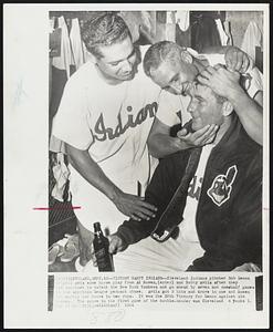 Victory Happy Indians-- Cleveland Indians pitcher Bob Lemon (right) gets some horse play from Al Rosen, (enter) and Bobby Avila after they had defeat the New York Yankees and go ahead by seven and one half games in the American League pennant chase. Avila got 2 hits and drove in one and Rosen hit safely and drove in two runs. It was the 22th Victory for Lemon against six losses. The score in the first game of the double-header was Cleveland 4 Yanks 1.
