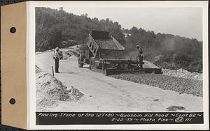 Contract No. 82, Constructing Quabbin Hill Road, Ware, placing stone at Sta. 127+80, Ware, Mass., Aug. 22, 1939