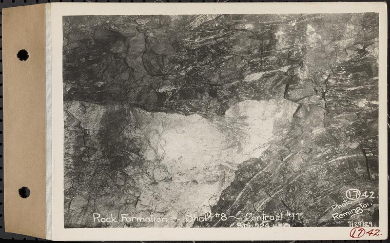 Contract No. 17, West Portion, Wachusett-Coldbrook Tunnel, Rutland, Oakham, Barre, rock formation, Shaft 8, Sta. 724+80, Barre, Mass., Jul. 29, 1929