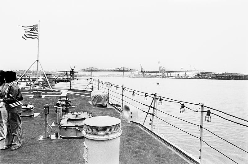 Aboard a destroyer looking towards the bridge