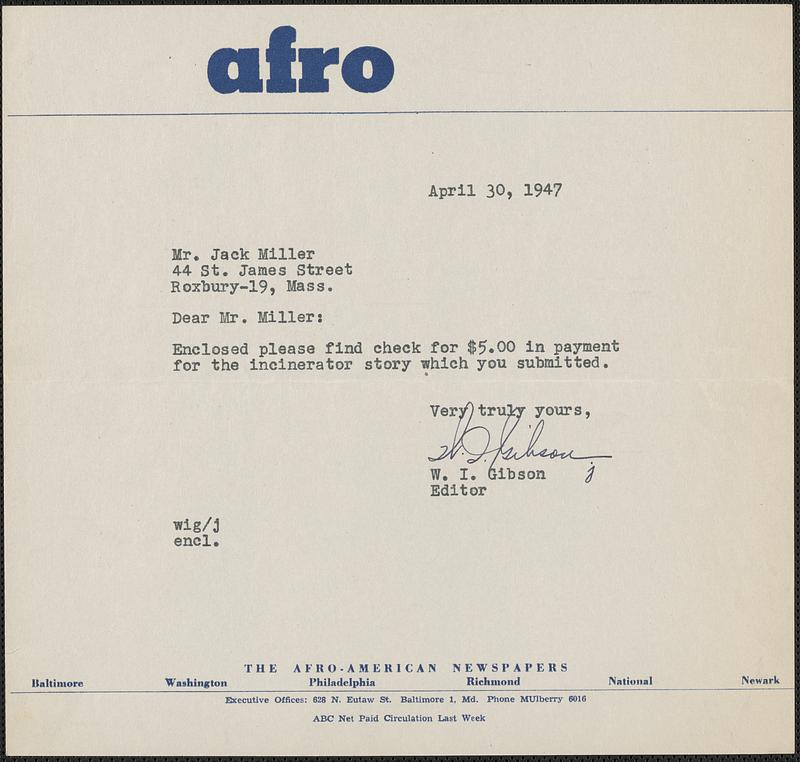 Letter from W. I. Gibson, Baltimore, to Jack Miller, Roxbury, 1947 April 30