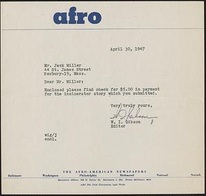 Letter from W. I. Gibson, Baltimore, to Jack Miller, Roxbury, 1947 April 30