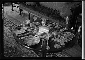 Clark House, Salem: interior, table full of small silver pieces