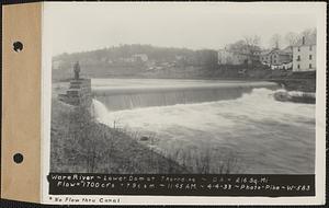 Ware River, lower dam at Thorndike, drainage area = 216 square miles, flow 1700 cubic feet per second = 7.9 cubic feet per second per square mile, no flow through canal, Palmer, Mass., 11:45 AM, Apr. 4, 1933