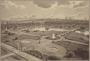 General view of Public Garden, from top of building, corner of Commonwealth Ave. and Arlington St.