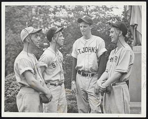 Leading "Politicians" With Catholic All-Stars - All four are class presidents and all will be on display at Fenway Park tonight (7:30 P. M.) when the Catholic League All-Stars face the Boston All-Stars. Left to right, Outfielder Ray Rirouard of Matignon (Junior class); Outfielder Mark Tremblay of St. John's of Cambridge (Senior); Pitcher Bob St. Pierre of St. John's Prep (Junior), and Pitcher Frank "Bucky" Poole of Lawrence Central (Sophomore). Tremblay is All-Star captain and St. Pierre is Probable starting pitcher.