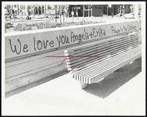 Smeared Walls of the new Copley square plaza proclaim the love of Boston's radical women for Madam Binh and their feelings about the Vice President, whose name is emphasized with the letters P, I and G.