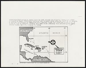 A strong easterly wave churned the Atlantic Ocean,1,500 miles southeast of Miami 7/29,slowly building into Tropical Storm Abby,the first of the season. A tropical disturbance is classified as a tropical storm when sustained winds reach 39 miles an hour or over.”It probably will make storm intensity this afternoon,”the Miami weather bureau said in a special bulletin.